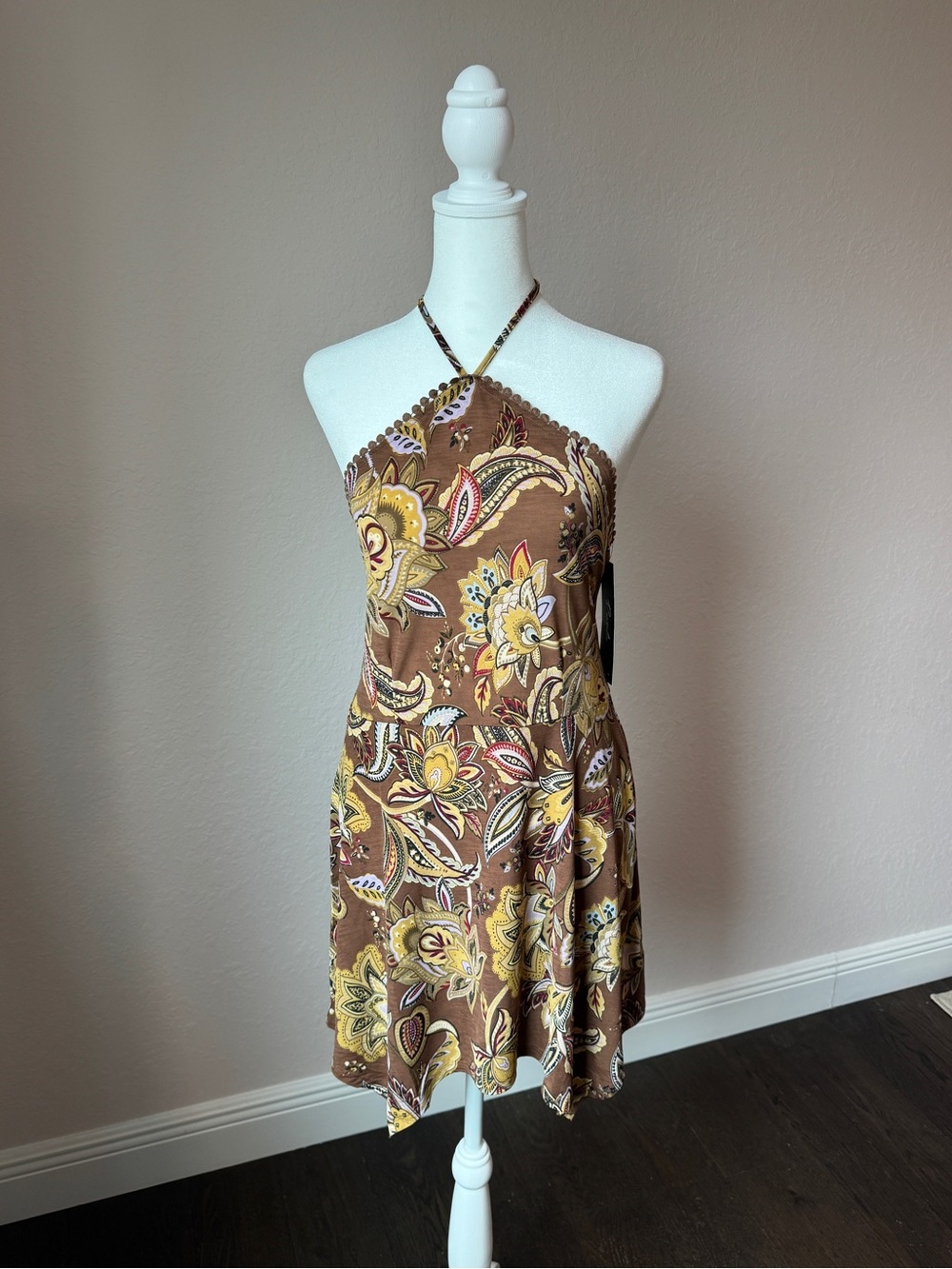 Remplie NWT Brown Paisley Halter Mini Dress Size Boho
